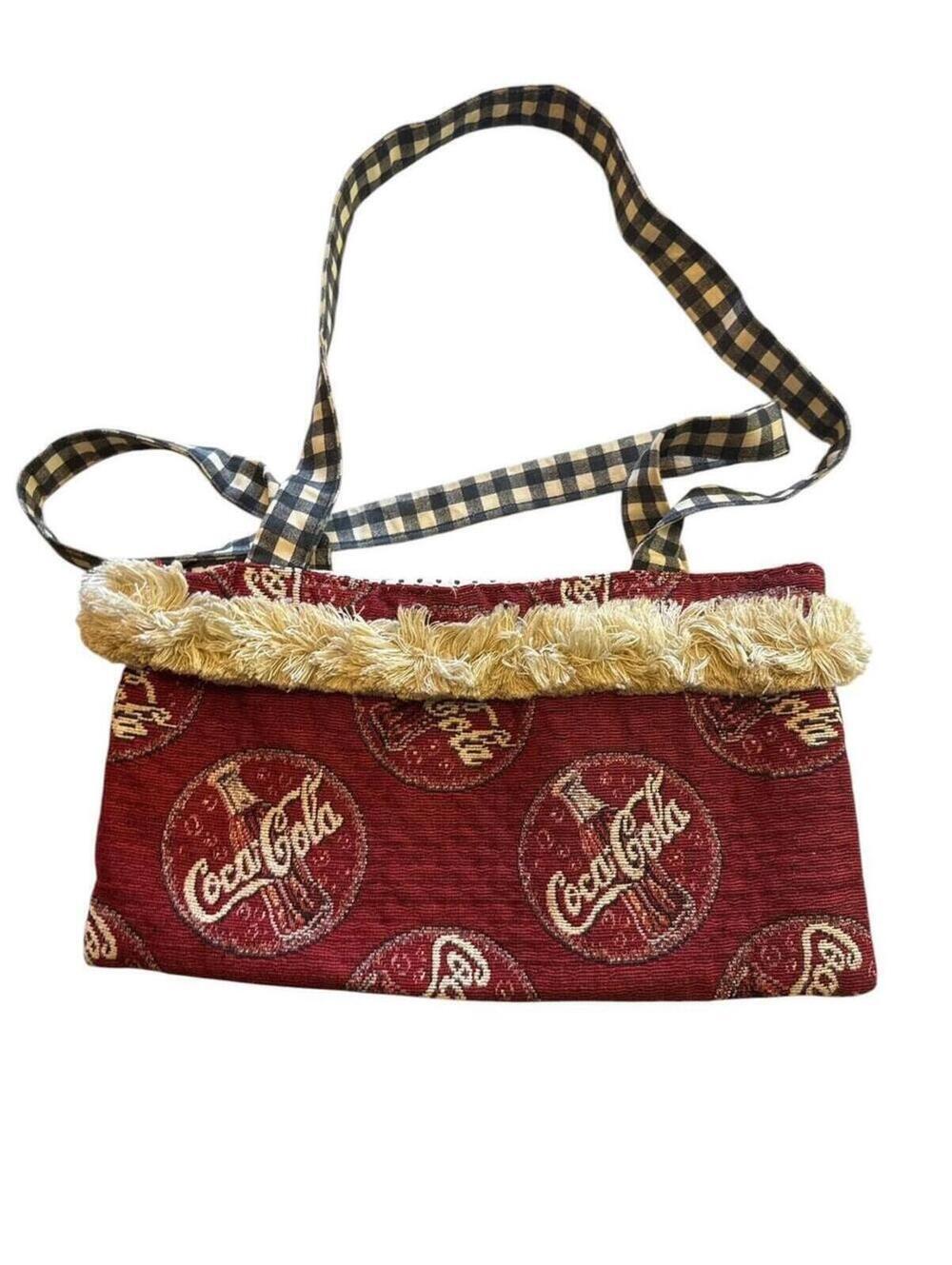 Coca-Cola Tote Bag Womens Medium Red Tapestry Fringe Gingham Strap Logo Lined